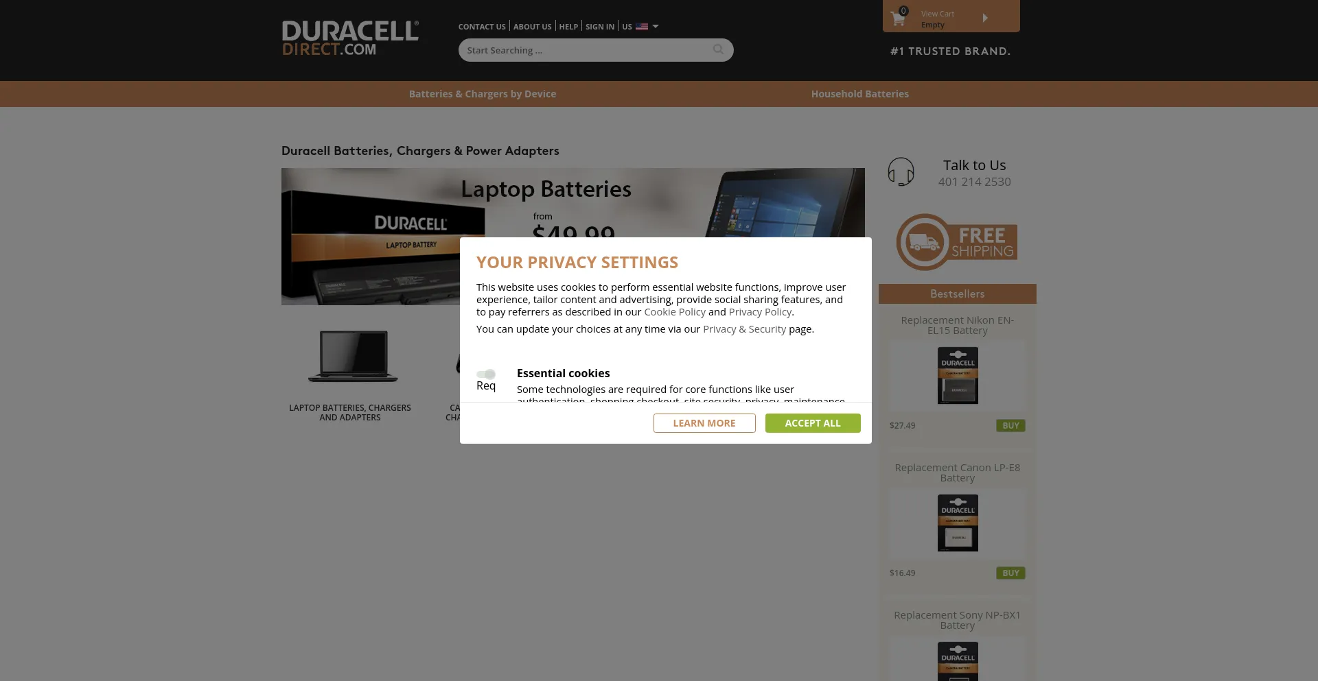 Screenshot of duracelldirect.com homepage