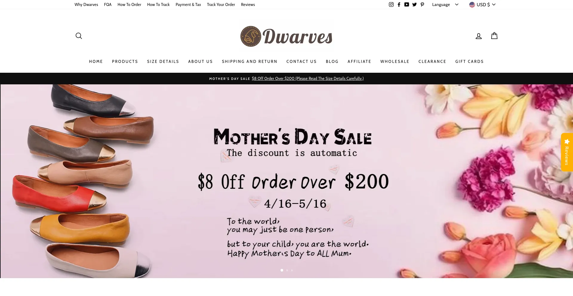 Screenshot of dwarvesshoes.com homepage