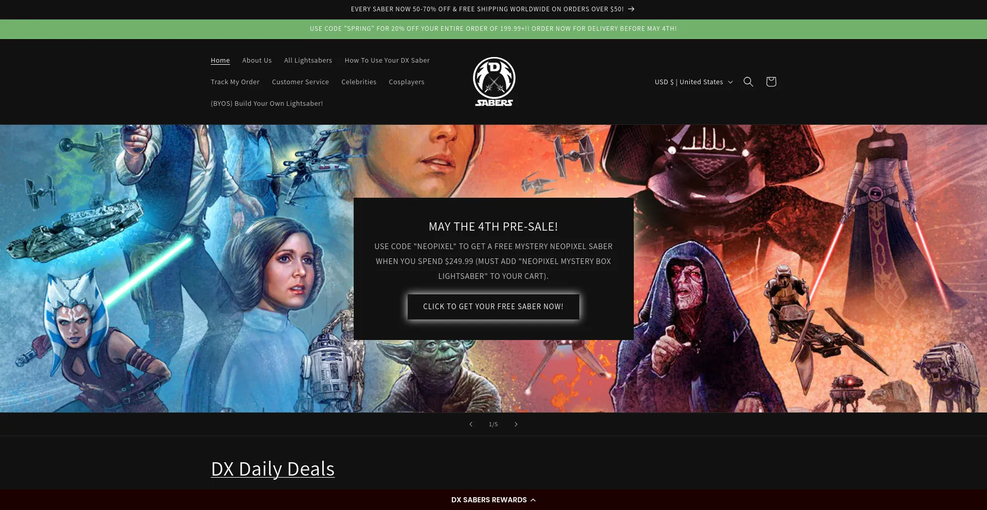 Screenshot of dxsabers.com homepage