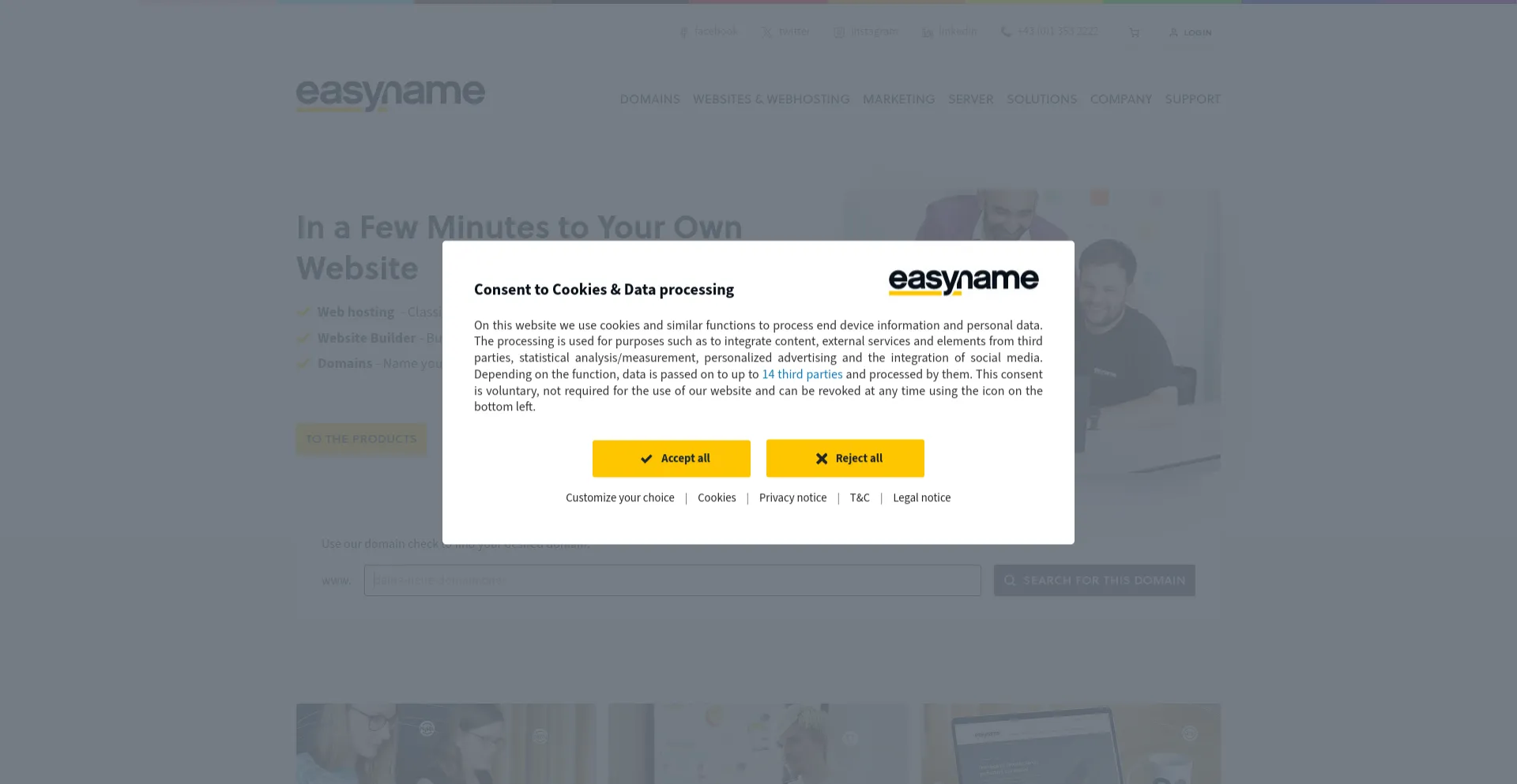 Screenshot of easyname.com homepage