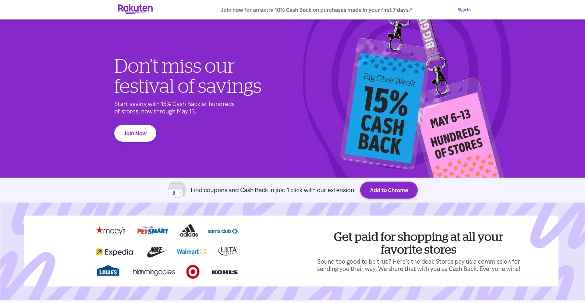 Screenshot of ebates.com homepage