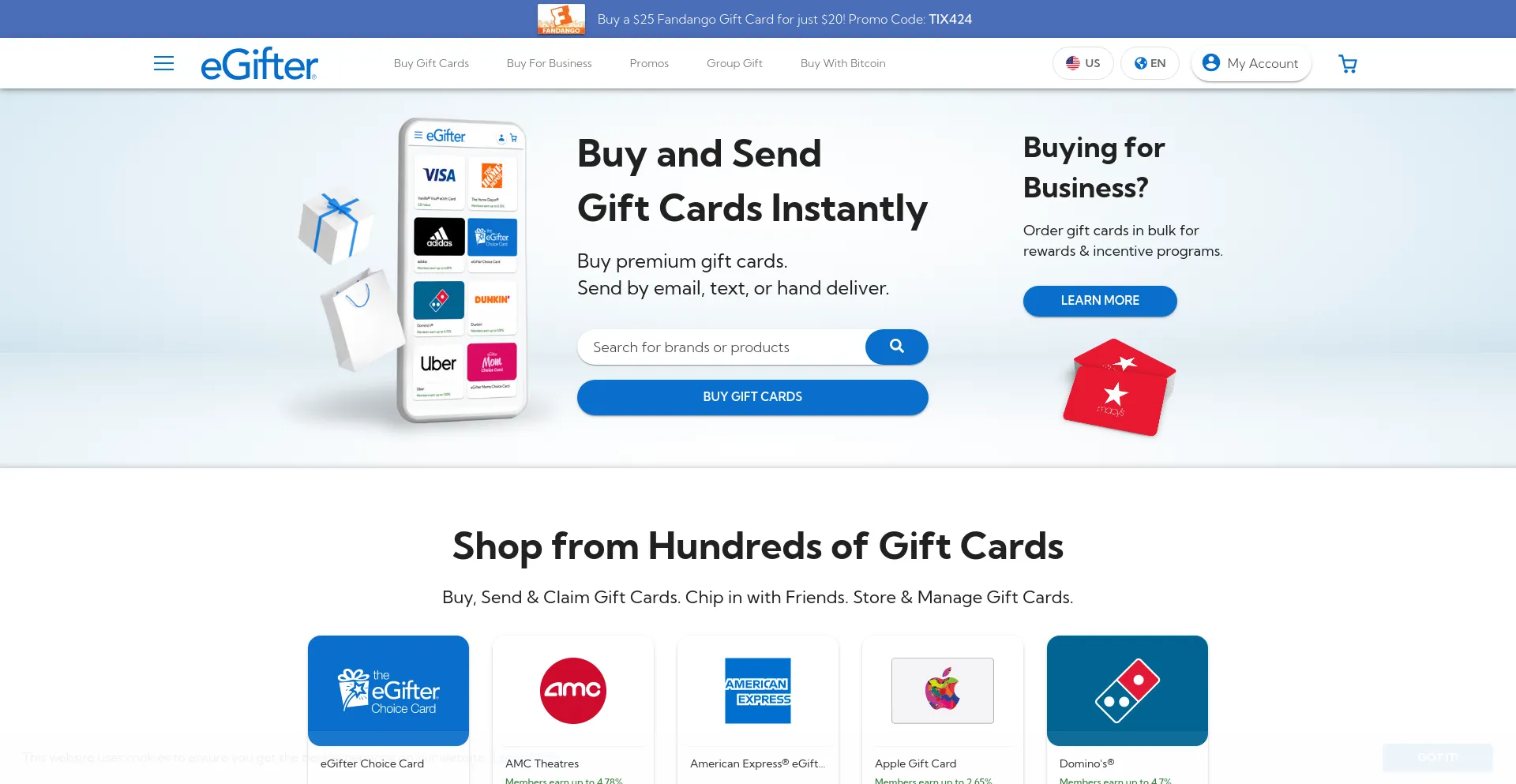 Screenshot of egifter.com homepage