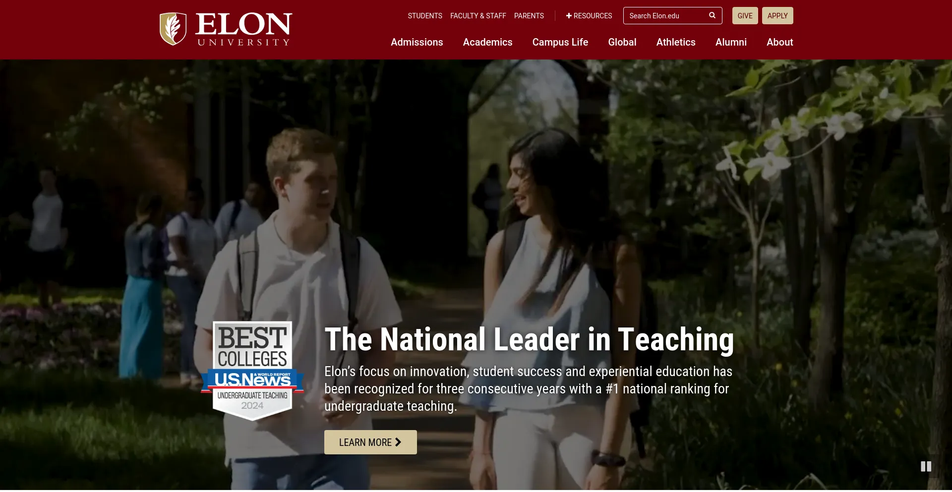 Screenshot of elon.edu homepage