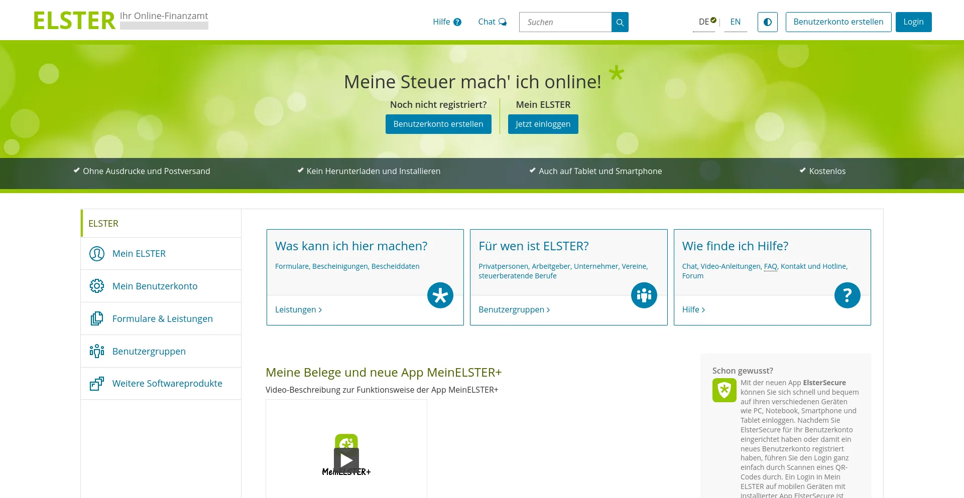 Screenshot of elster.de homepage