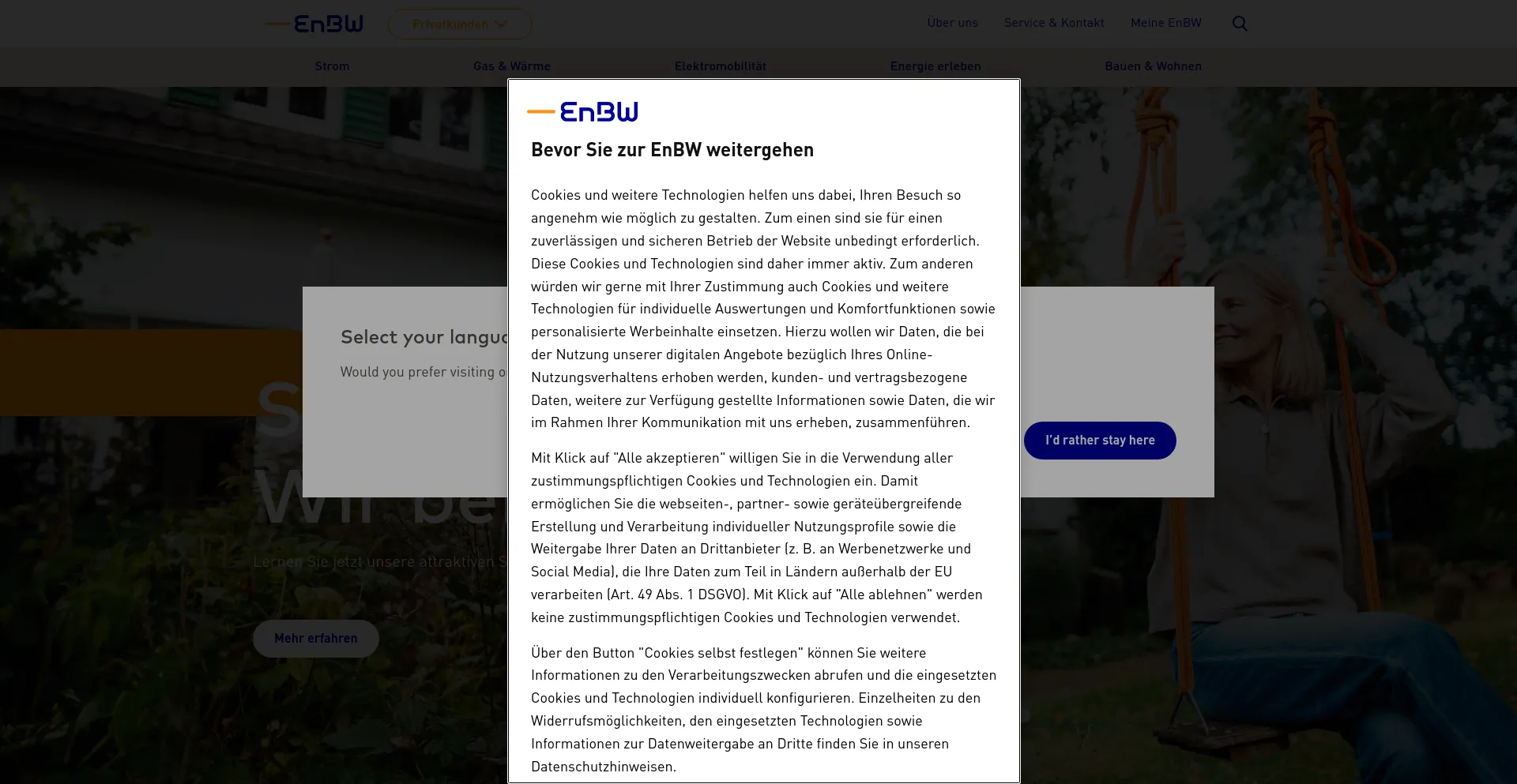 Screenshot of enbw.com homepage