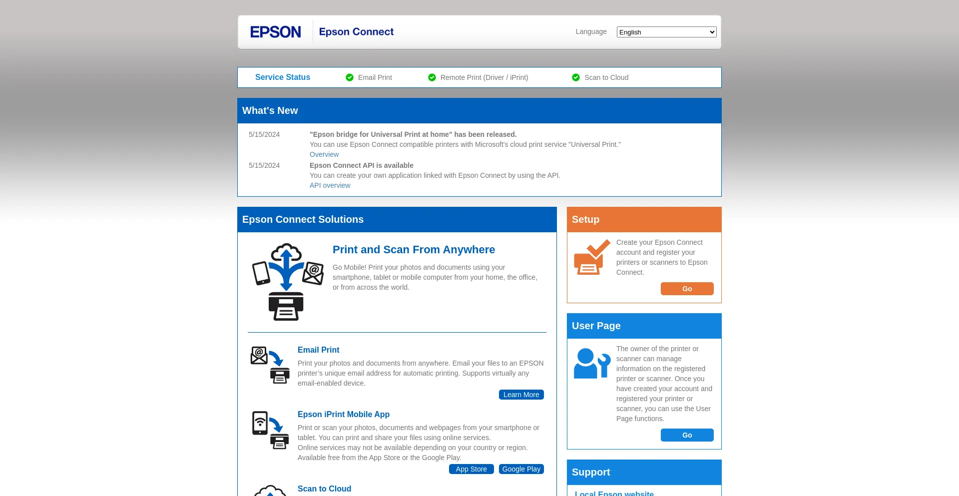 Screenshot of epsonconnect.com homepage