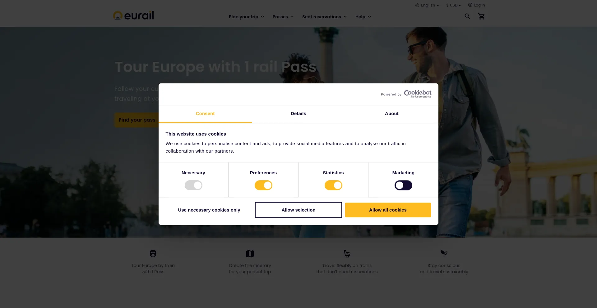 Screenshot of eurail.com homepage