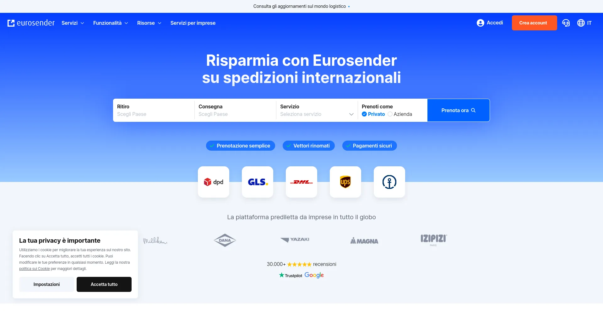 Screenshot of eurosender.it homepage