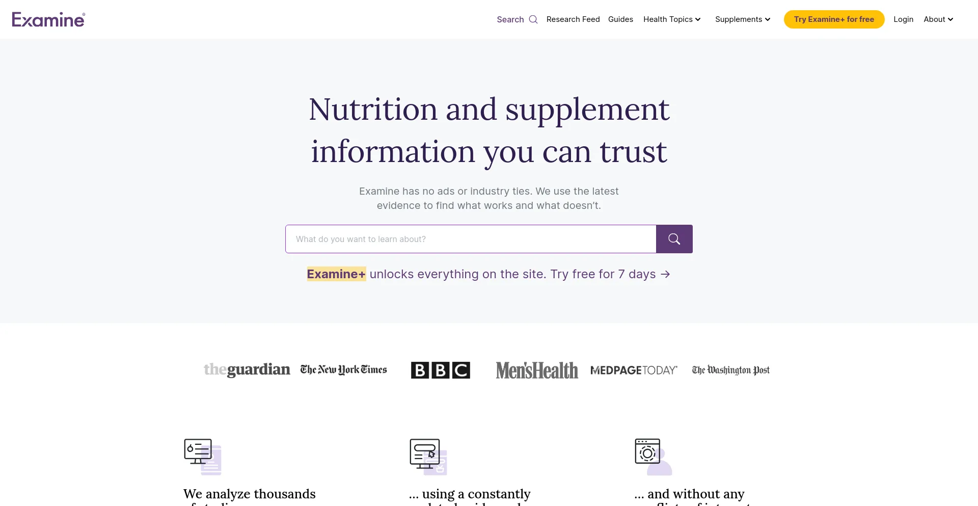 Screenshot of examine.com homepage