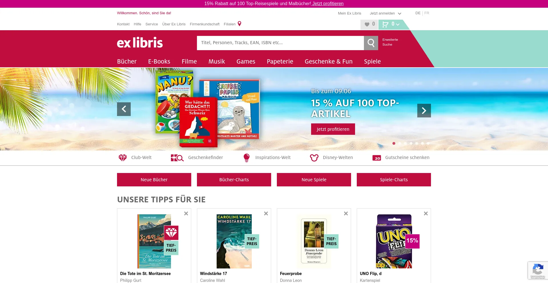 Screenshot of exlibris.ch homepage