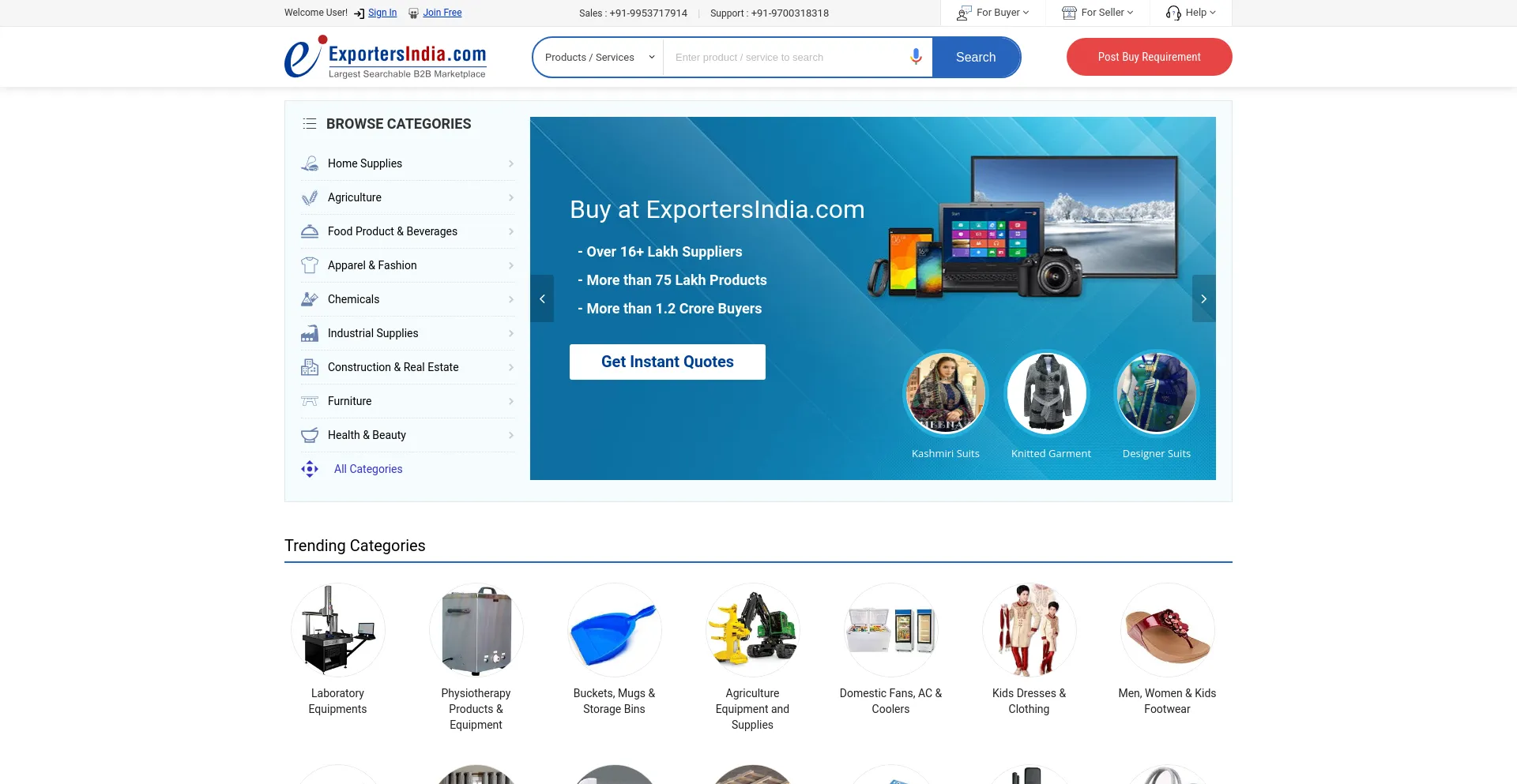 Screenshot of exportersindia.com homepage