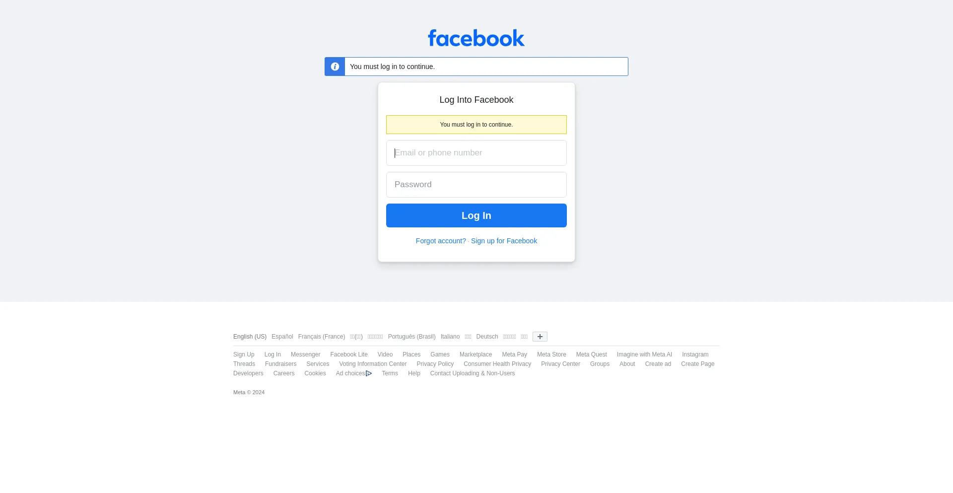 Screenshot of facebook.com homepage