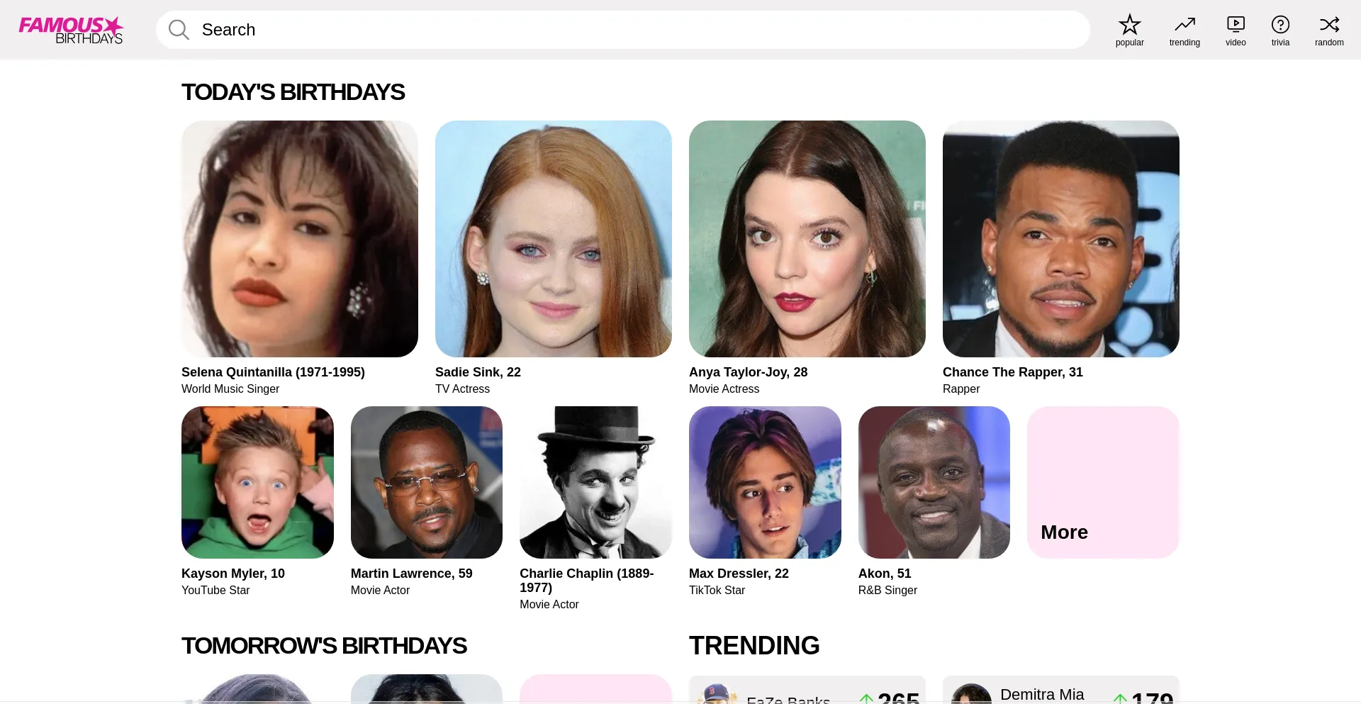 Screenshot of famousbirthdays.com homepage