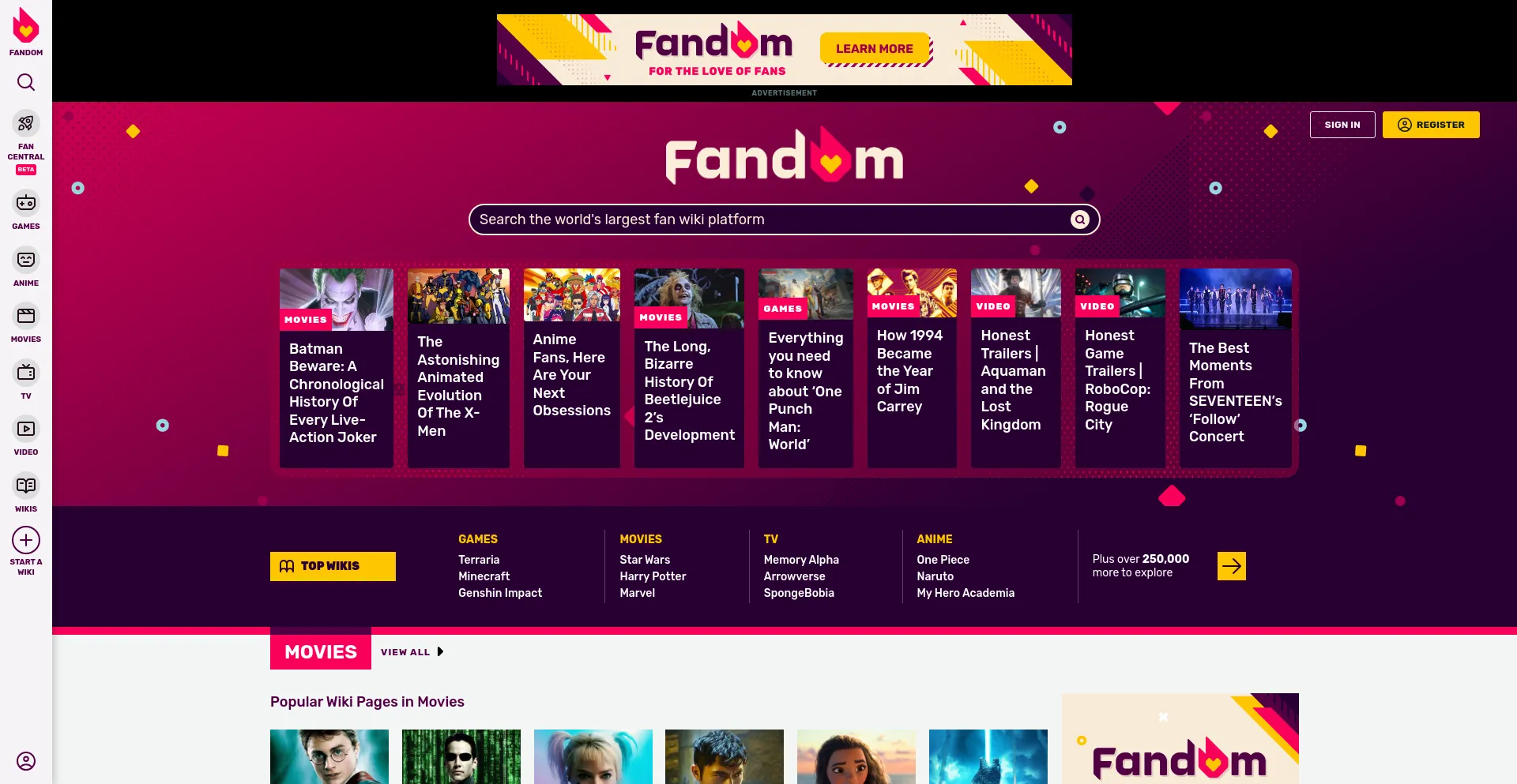 Screenshot of fandom.com homepage