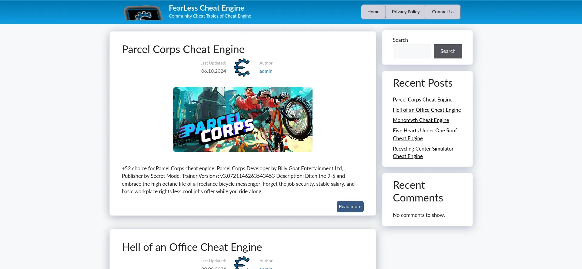 Screenshot of fearlesscheatengine.net homepage