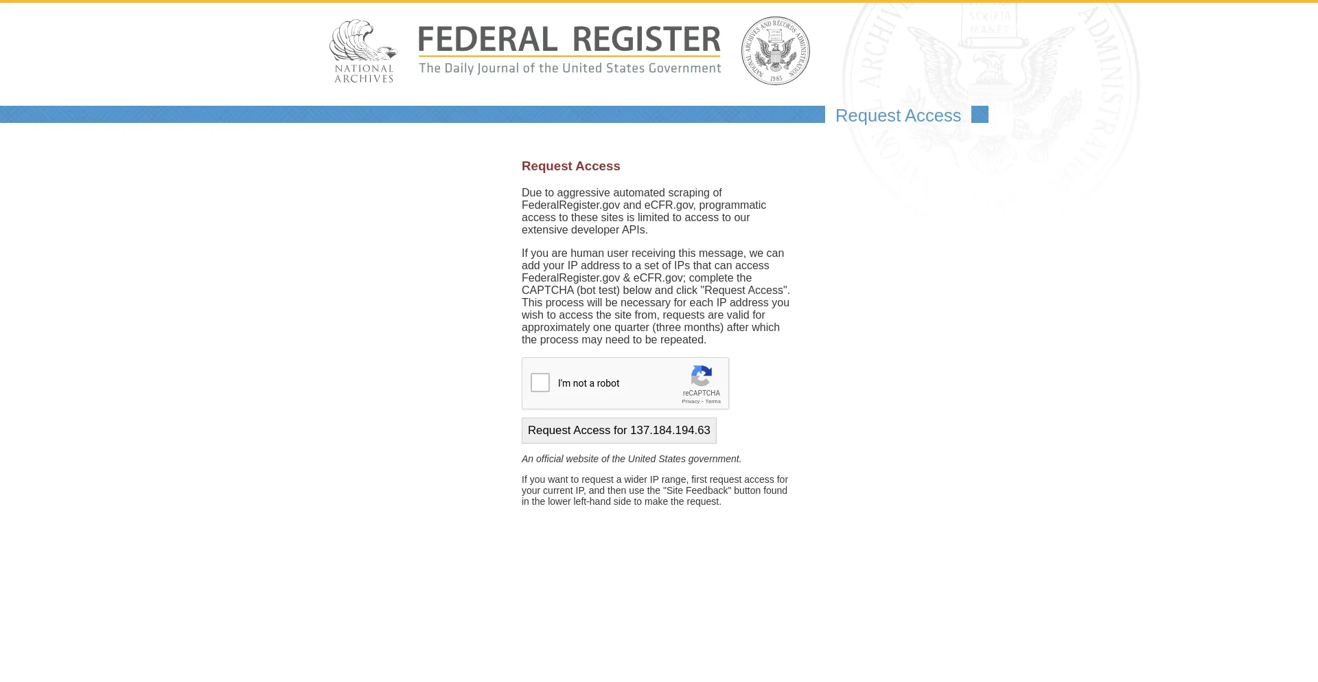 Screenshot of federalregister.gov homepage