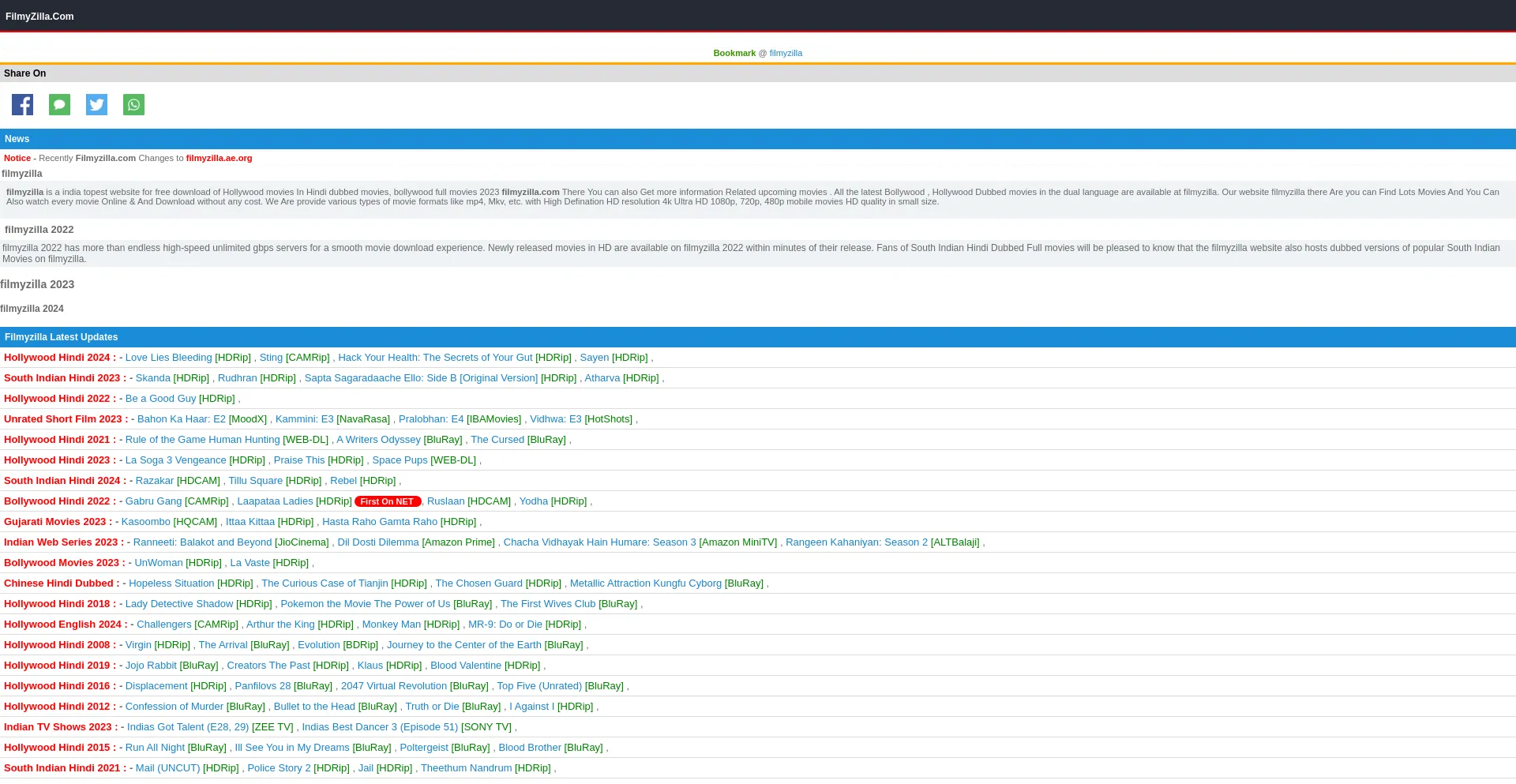 Screenshot of filmyzilla.com.hn homepage