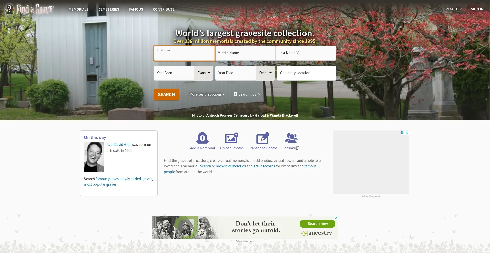 Screenshot of findagrave.com homepage