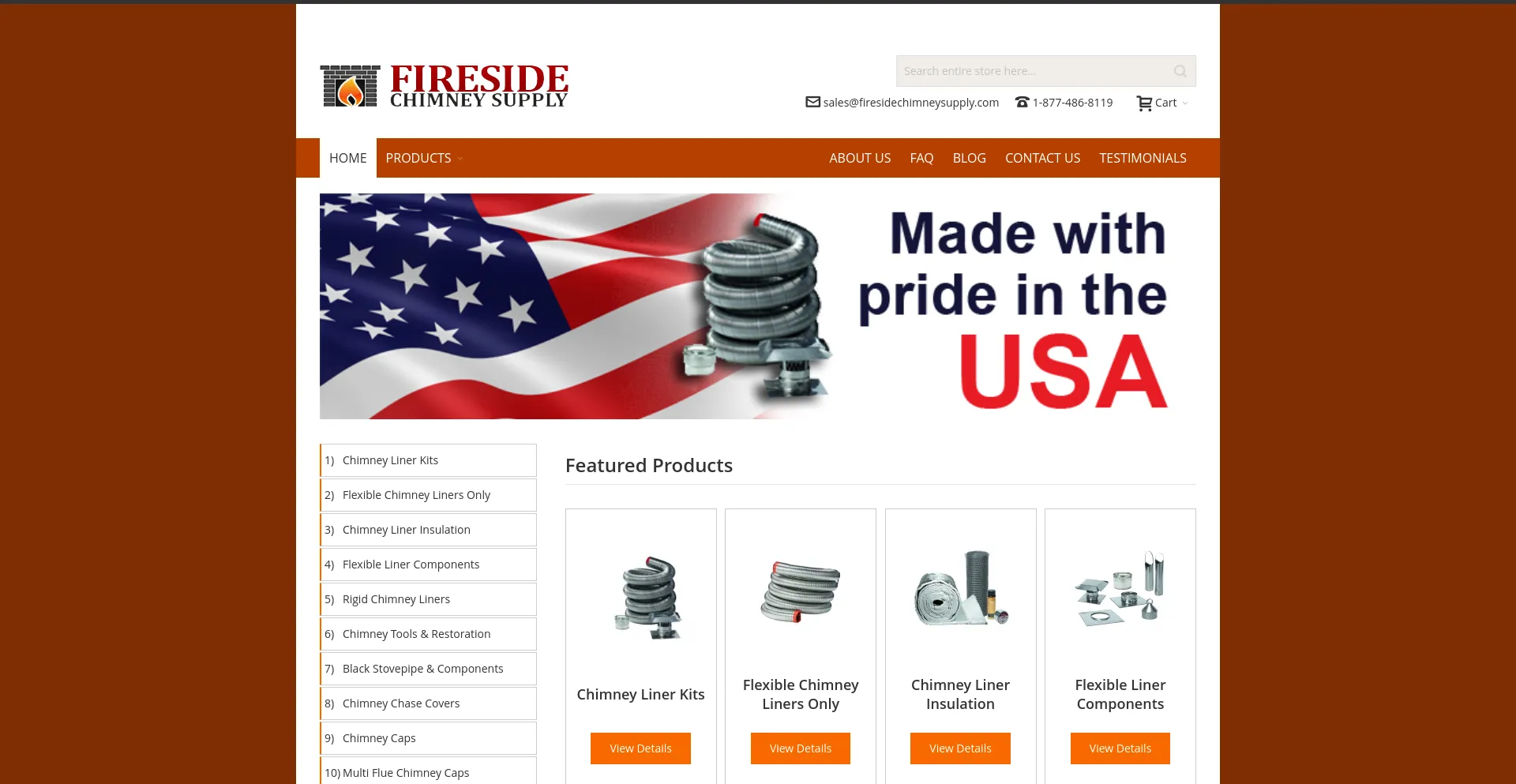 Screenshot of firesidechimneysupply.com homepage