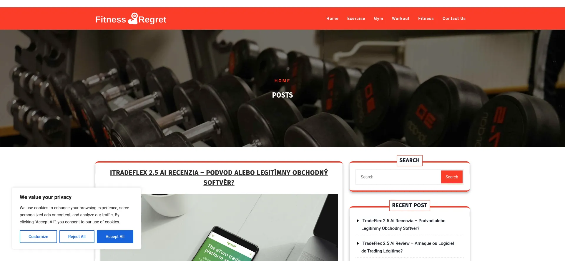 Screenshot of fitnessregret.com homepage