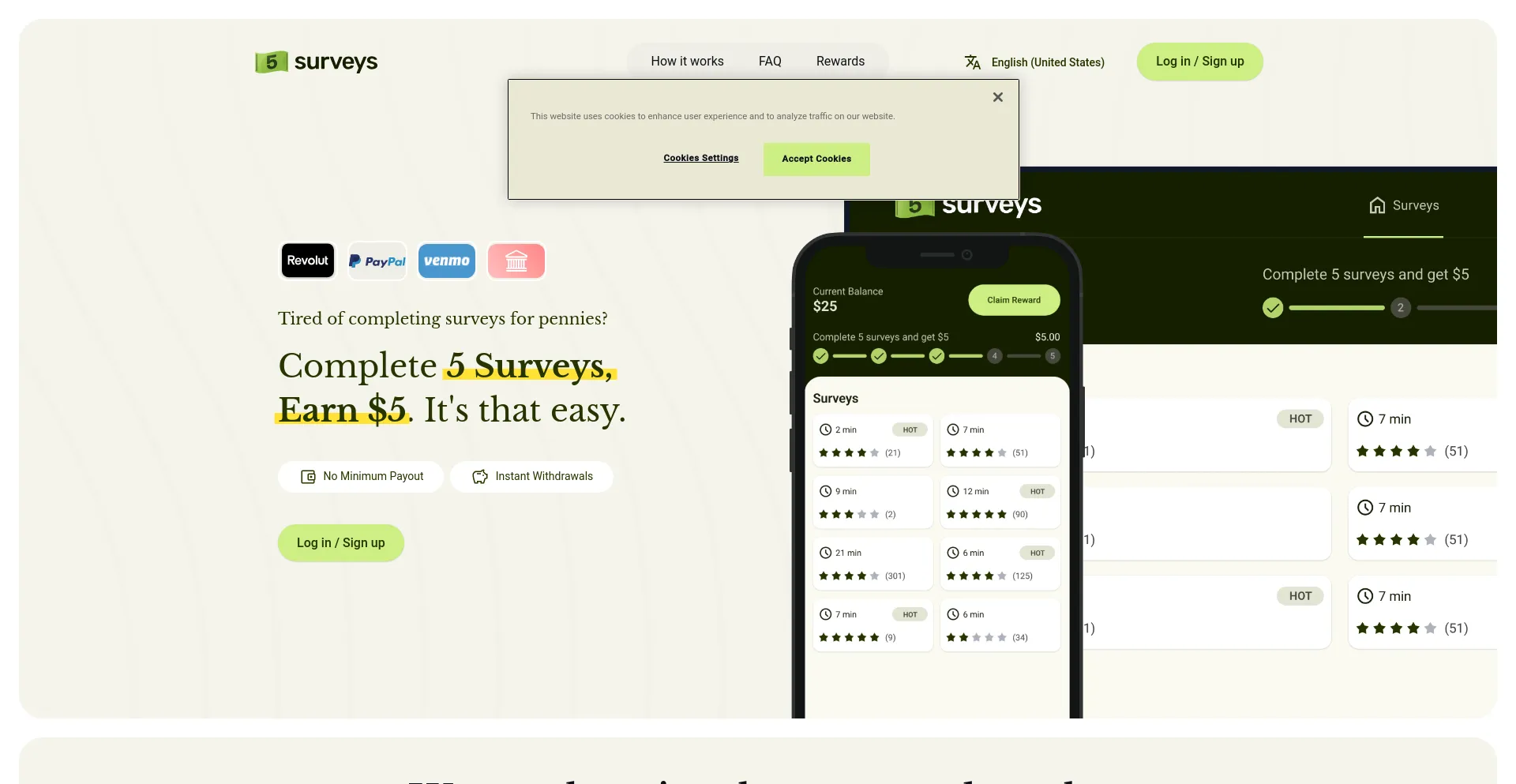 Screenshot of fivesurveys.com homepage