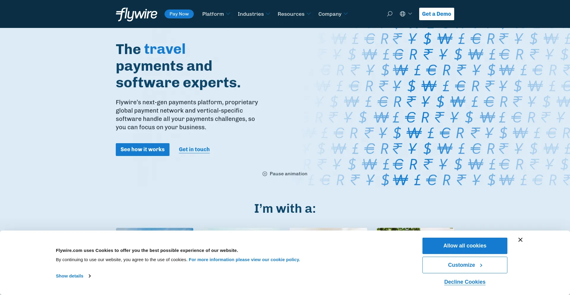 Screenshot of flywire.com homepage