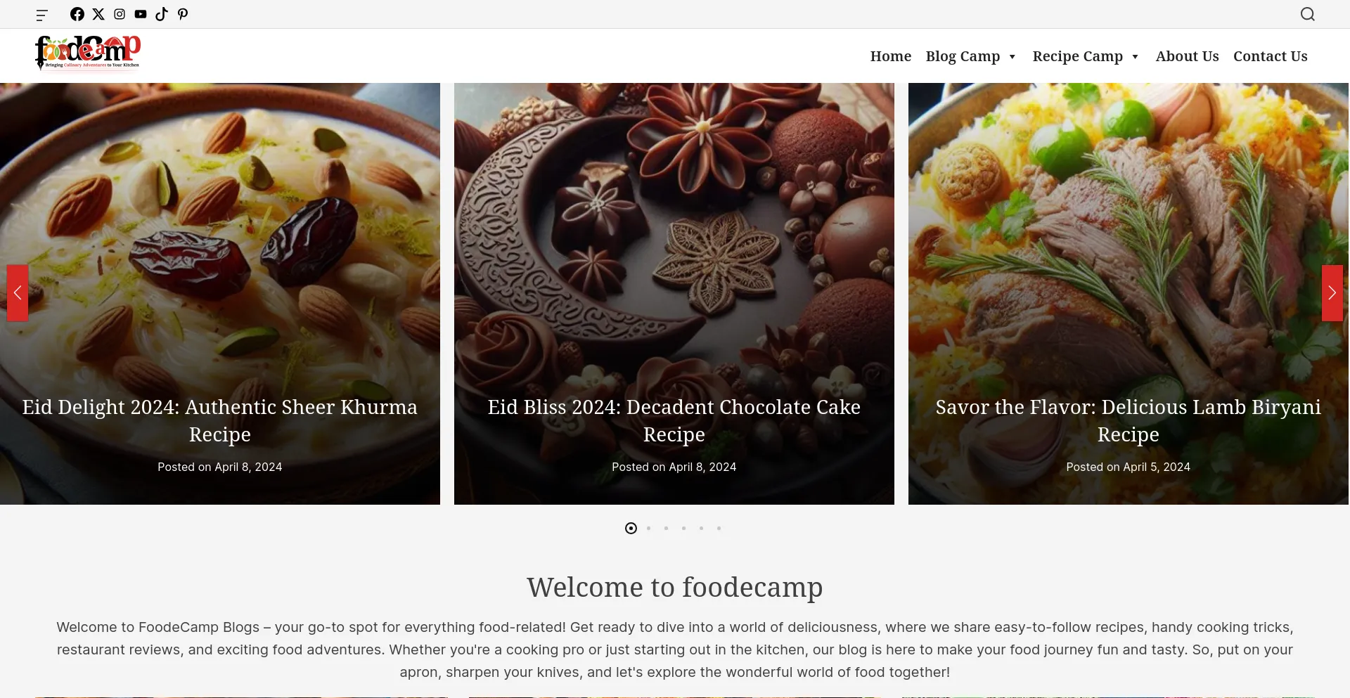 Screenshot of foodecamp.com homepage