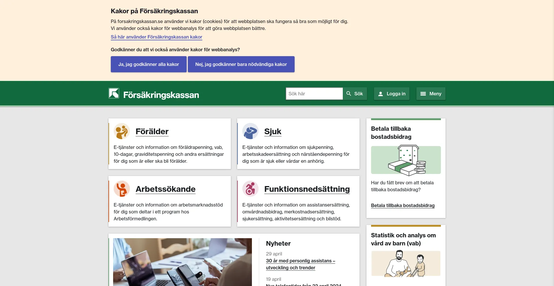 Screenshot of forsakringskassan.se homepage