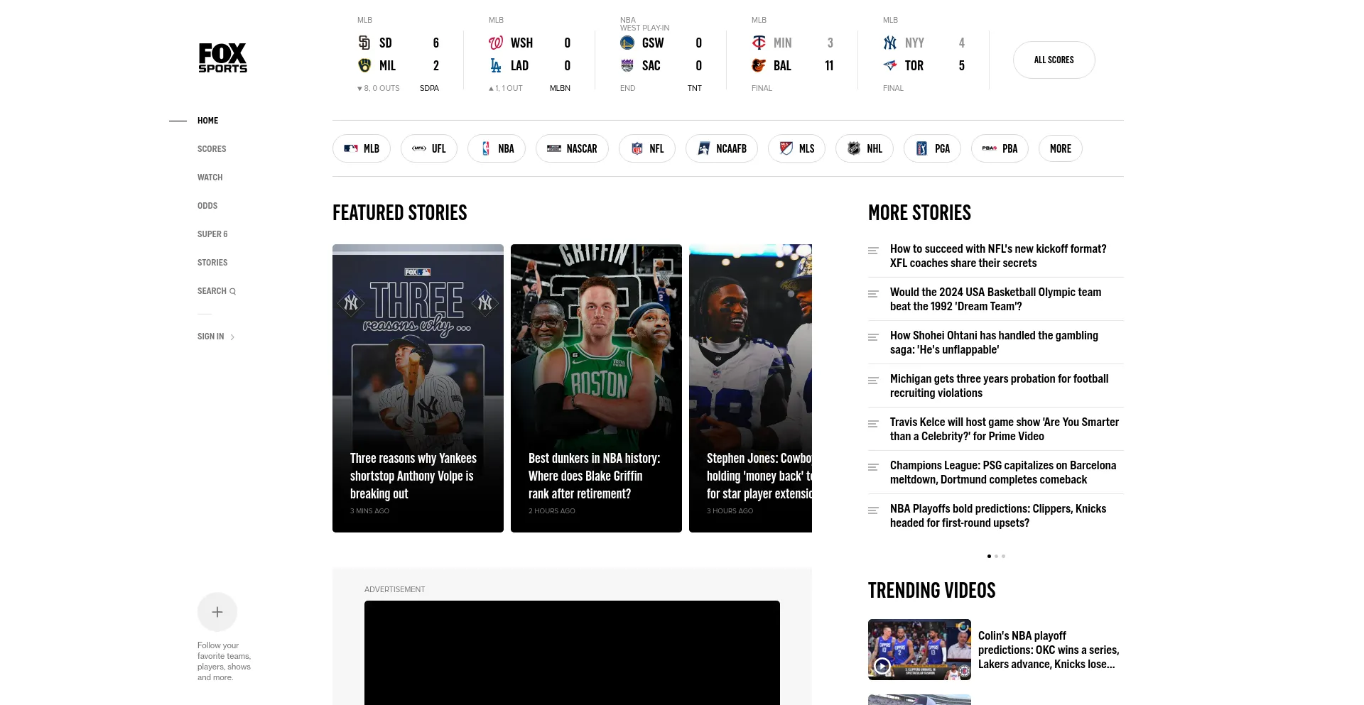 Screenshot of foxsports.com homepage