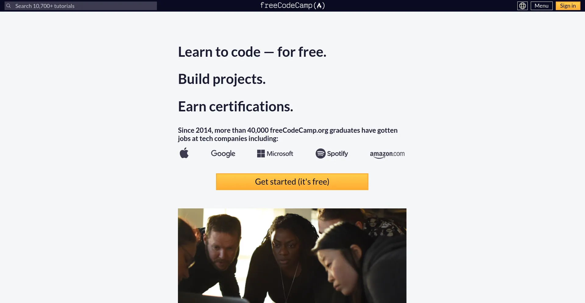 Screenshot of freecodecamp.org homepage