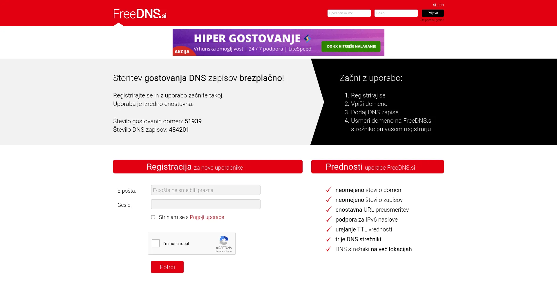 Screenshot of freedns.si homepage