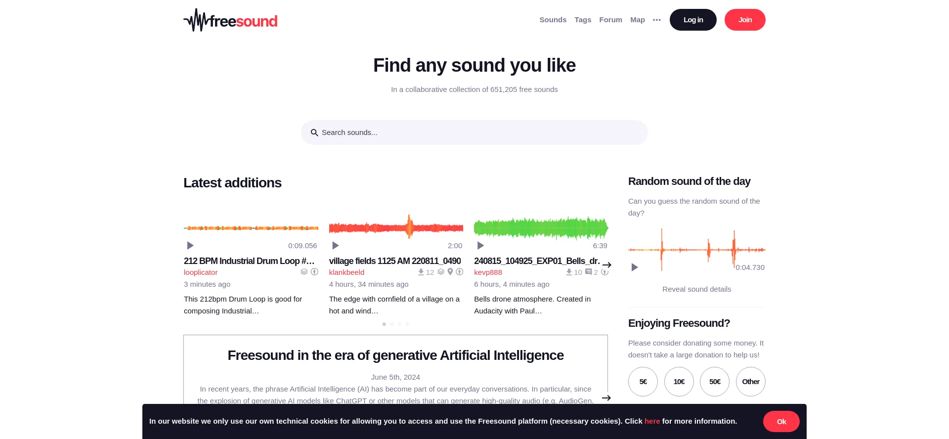 Screenshot of freesound.org homepage