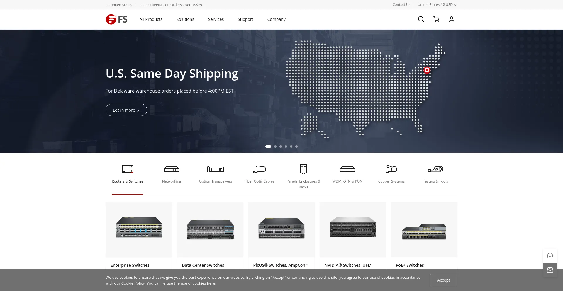 Screenshot of fs.com homepage