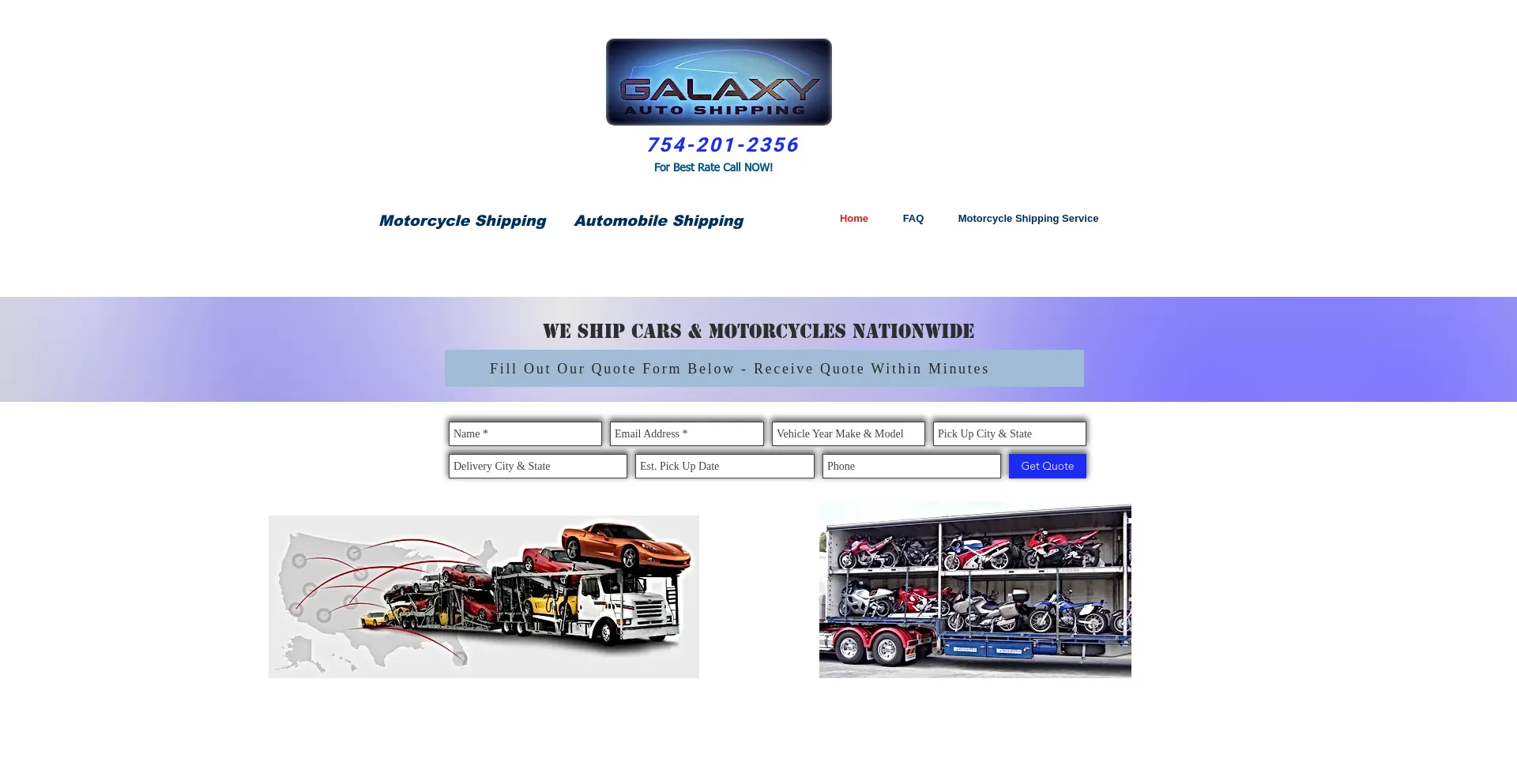 Screenshot of galaxyautoshipping.com homepage