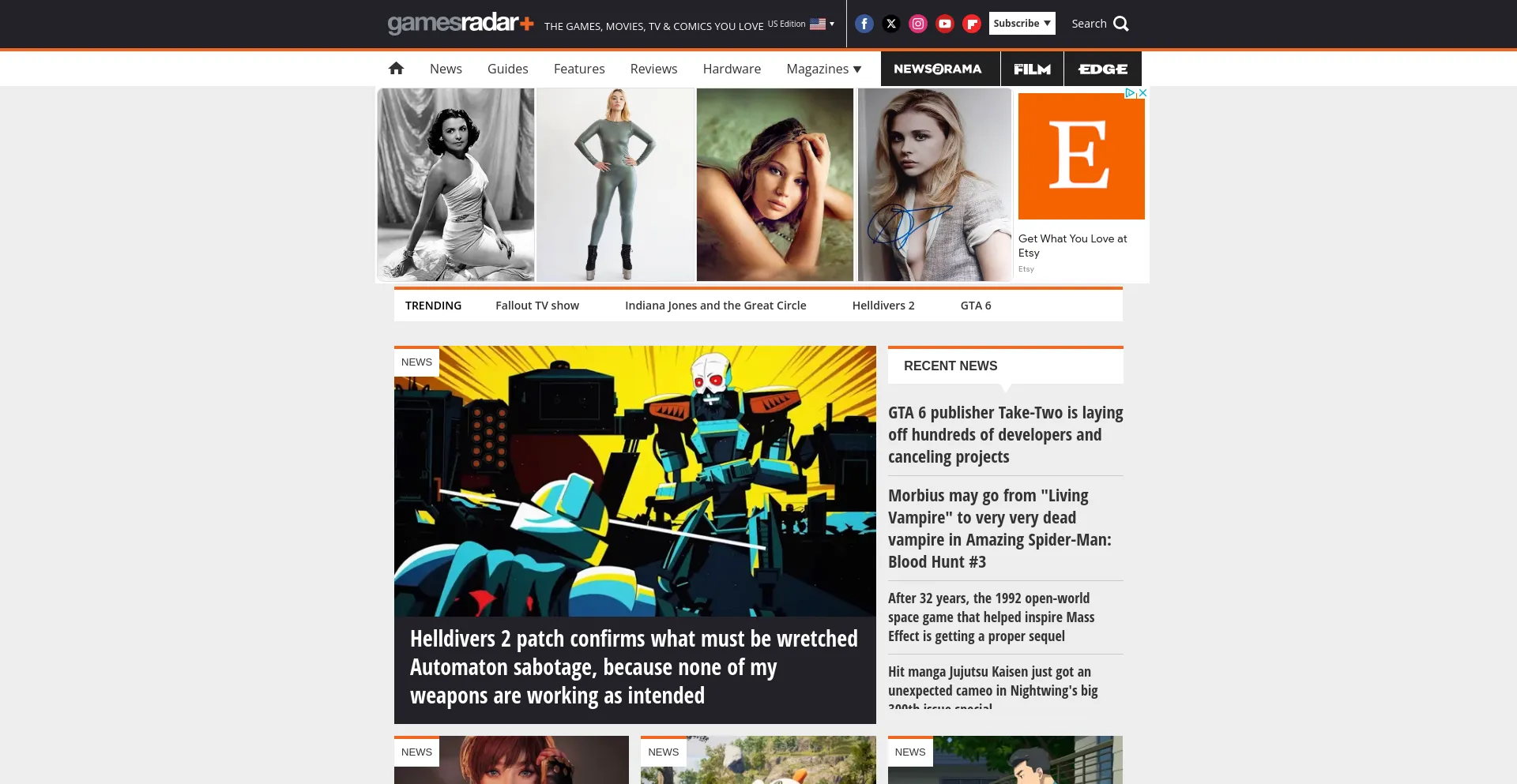 Screenshot of gamesradar.com homepage