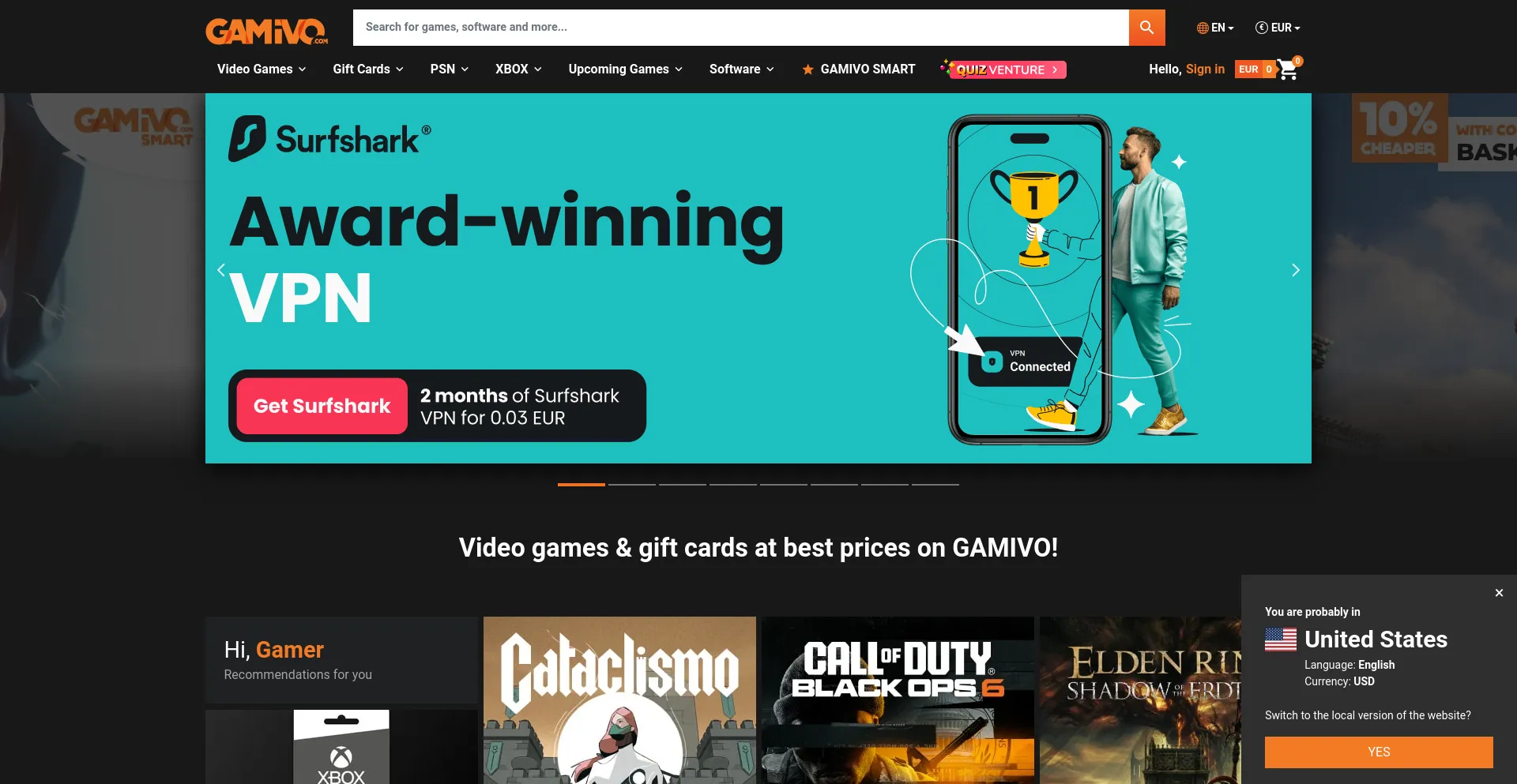 Screenshot of gamivo.com homepage