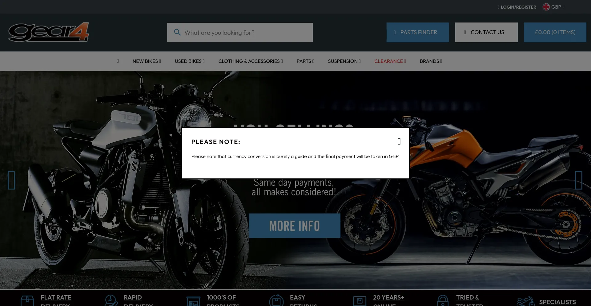 Screenshot of gear4motorcycles.co.uk homepage