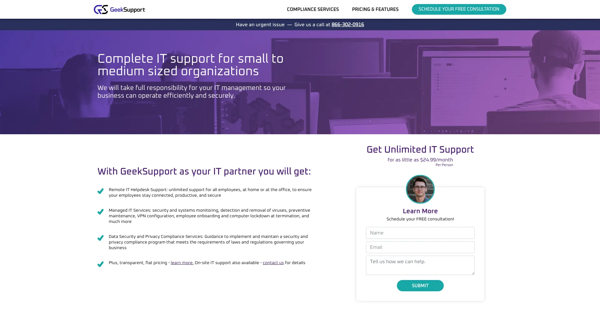 Screenshot of geeksupport.com homepage