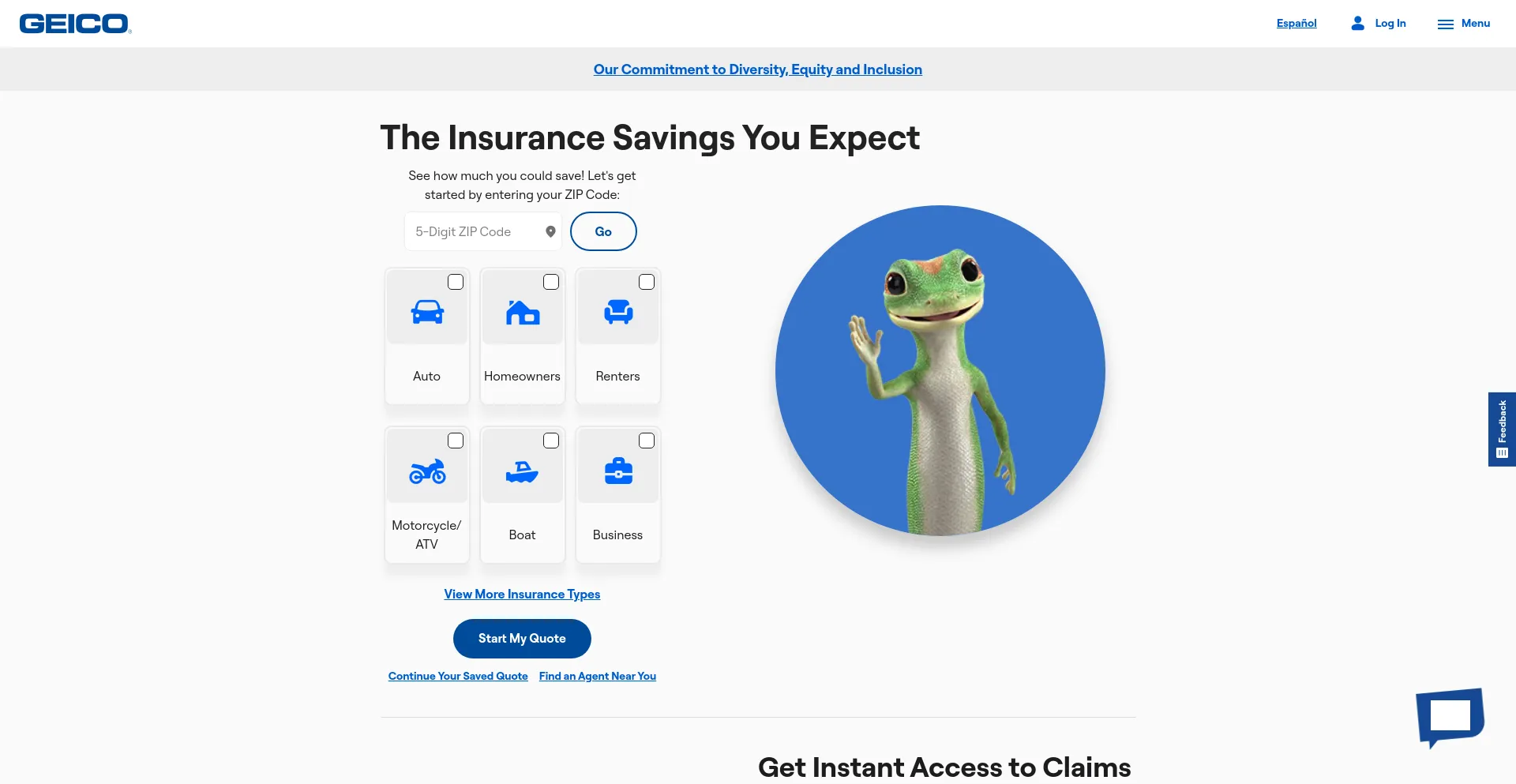 Screenshot of geico.com homepage