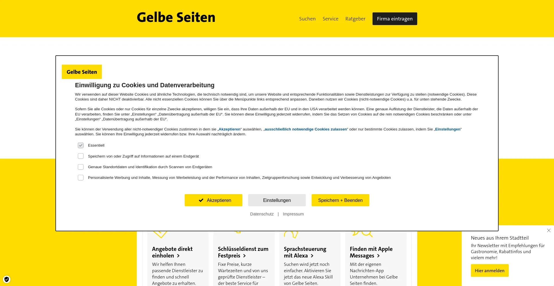 Screenshot of gelbeseiten.de homepage