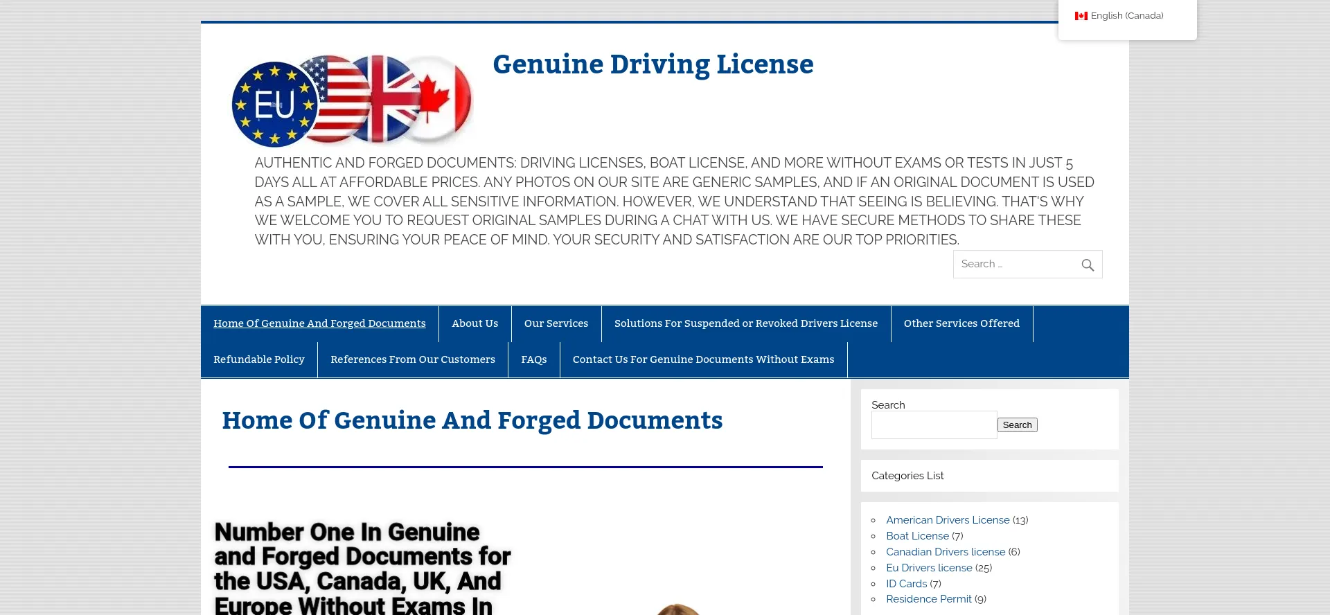 Screenshot of genuinedrivinglicense.com homepage