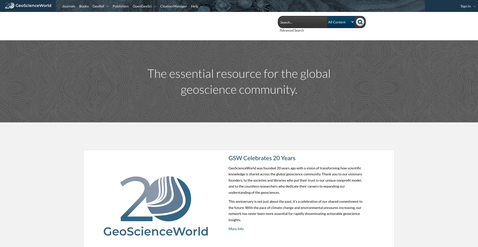 Screenshot of geoscienceworld.org homepage