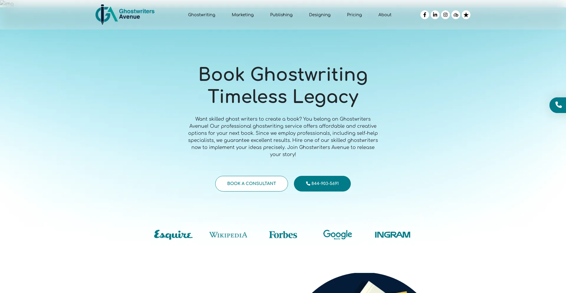 Screenshot of ghostwritersavenue.com homepage