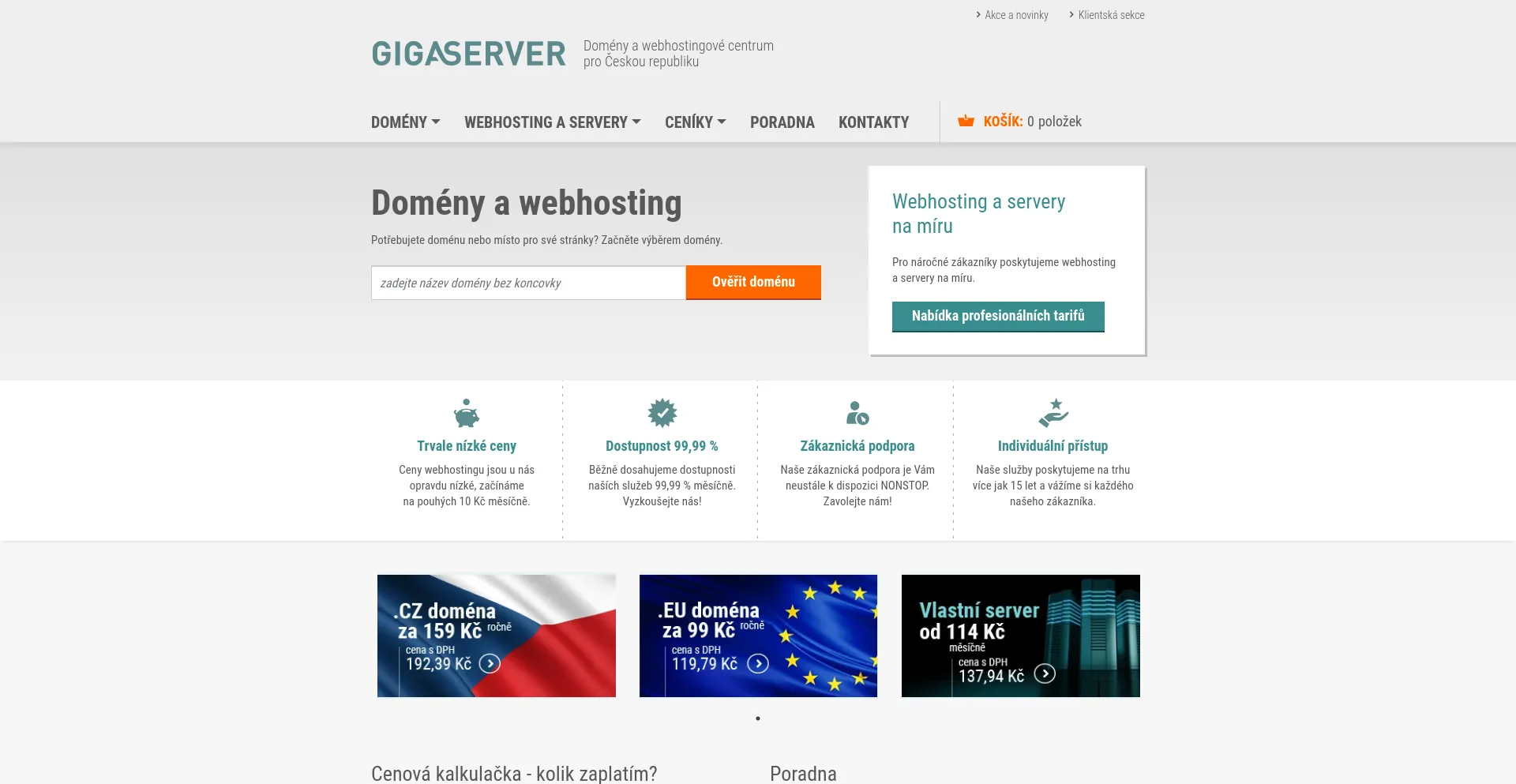 Screenshot of gigaserver.cz homepage