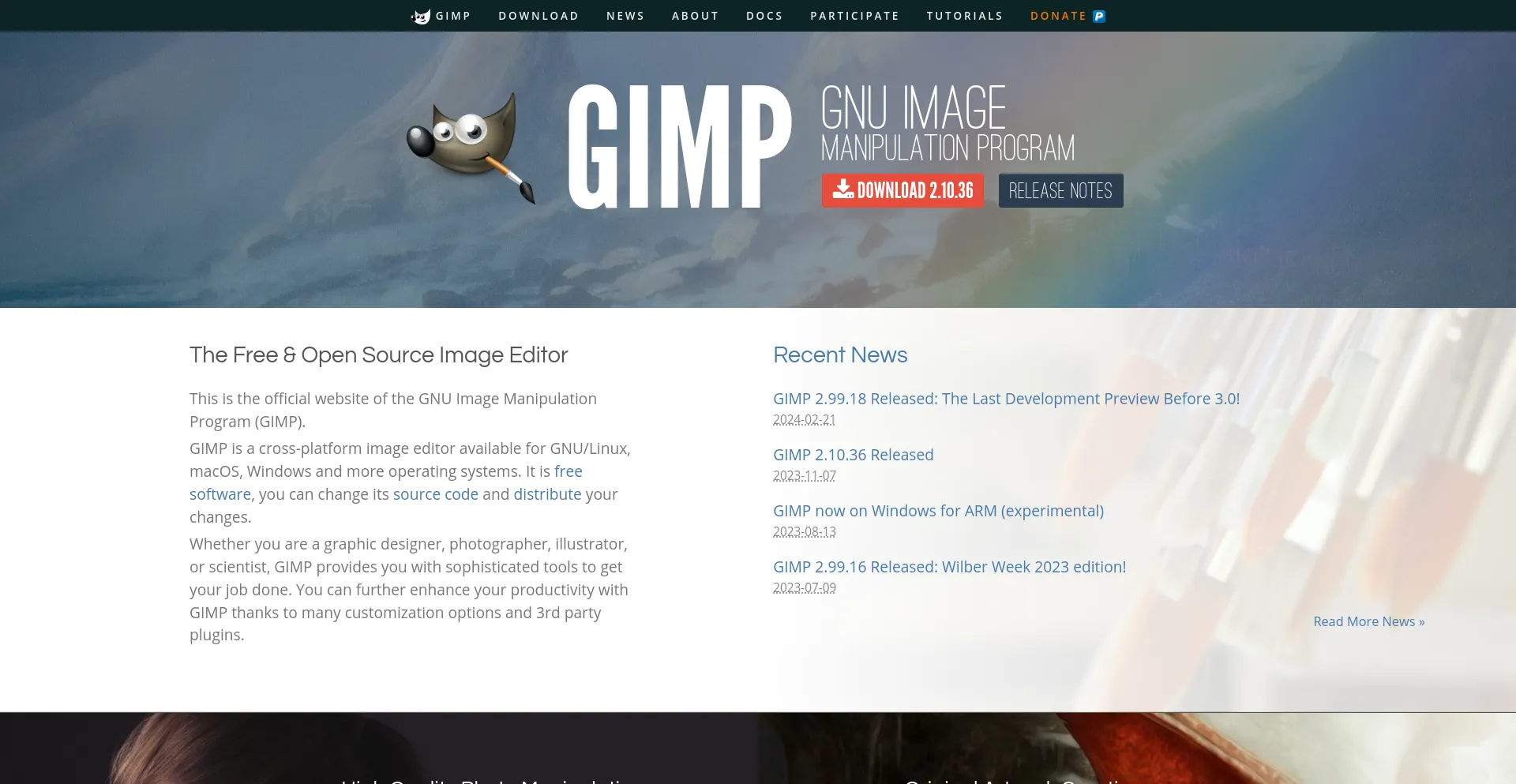 Screenshot of gimp.org homepage