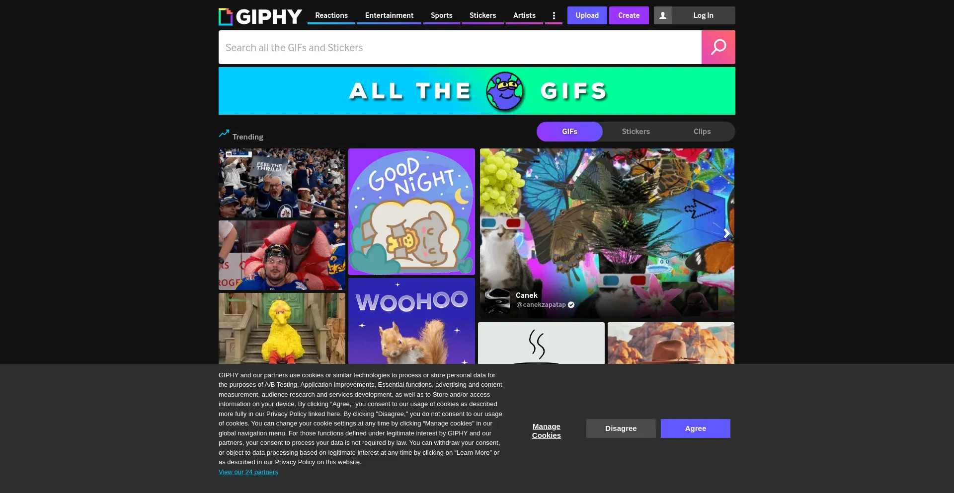 Screenshot of giphy.com homepage