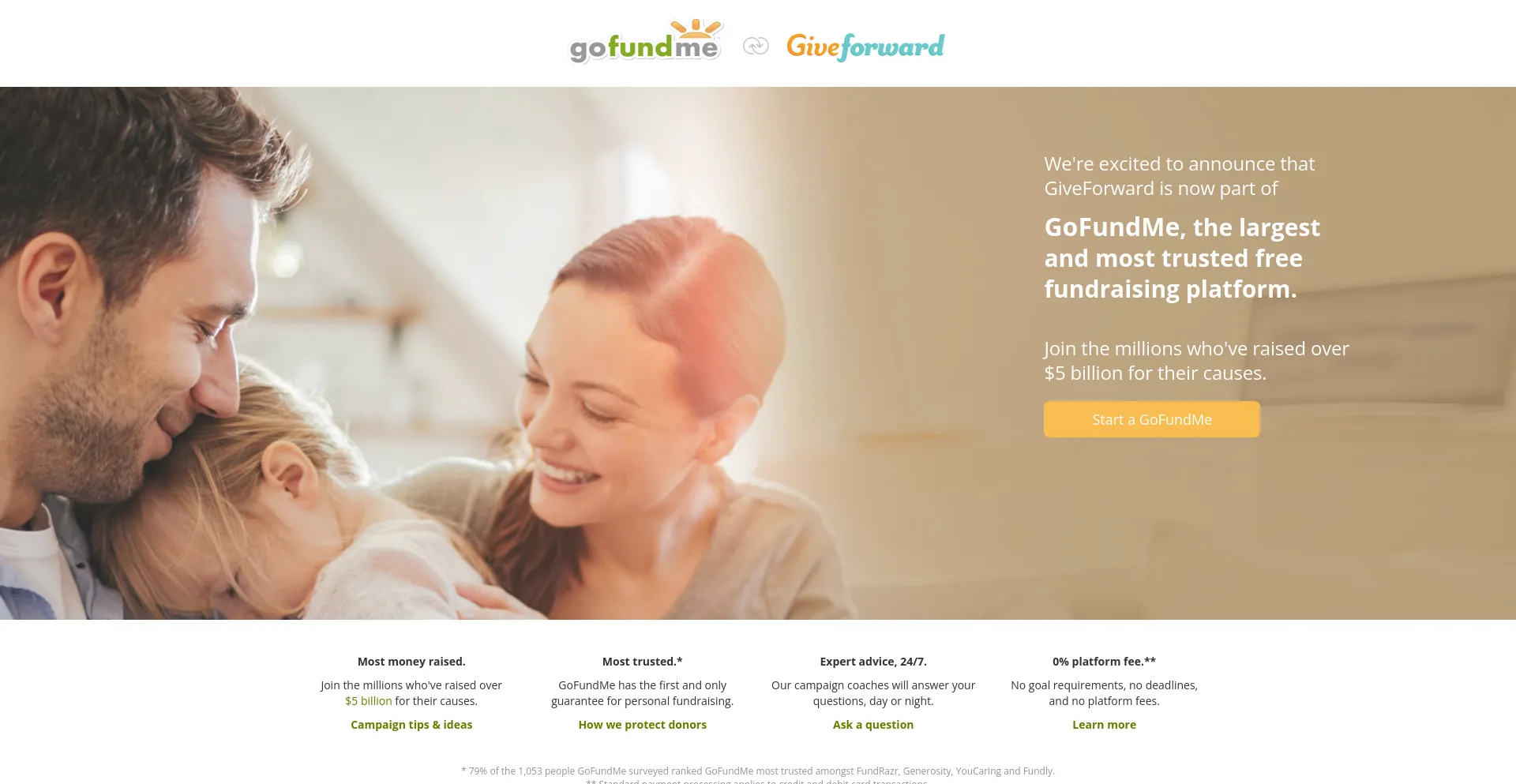 Screenshot of giveforward.com homepage