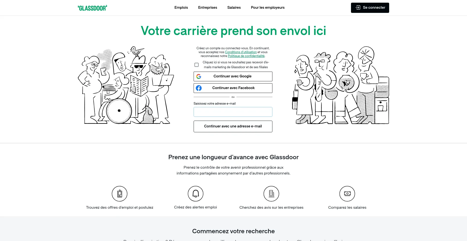 Screenshot of glassdoor.fr homepage