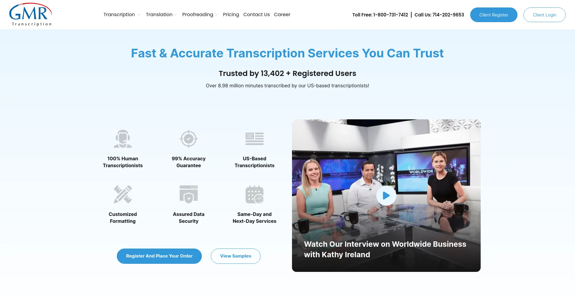 Screenshot of gmrtranscription.com homepage