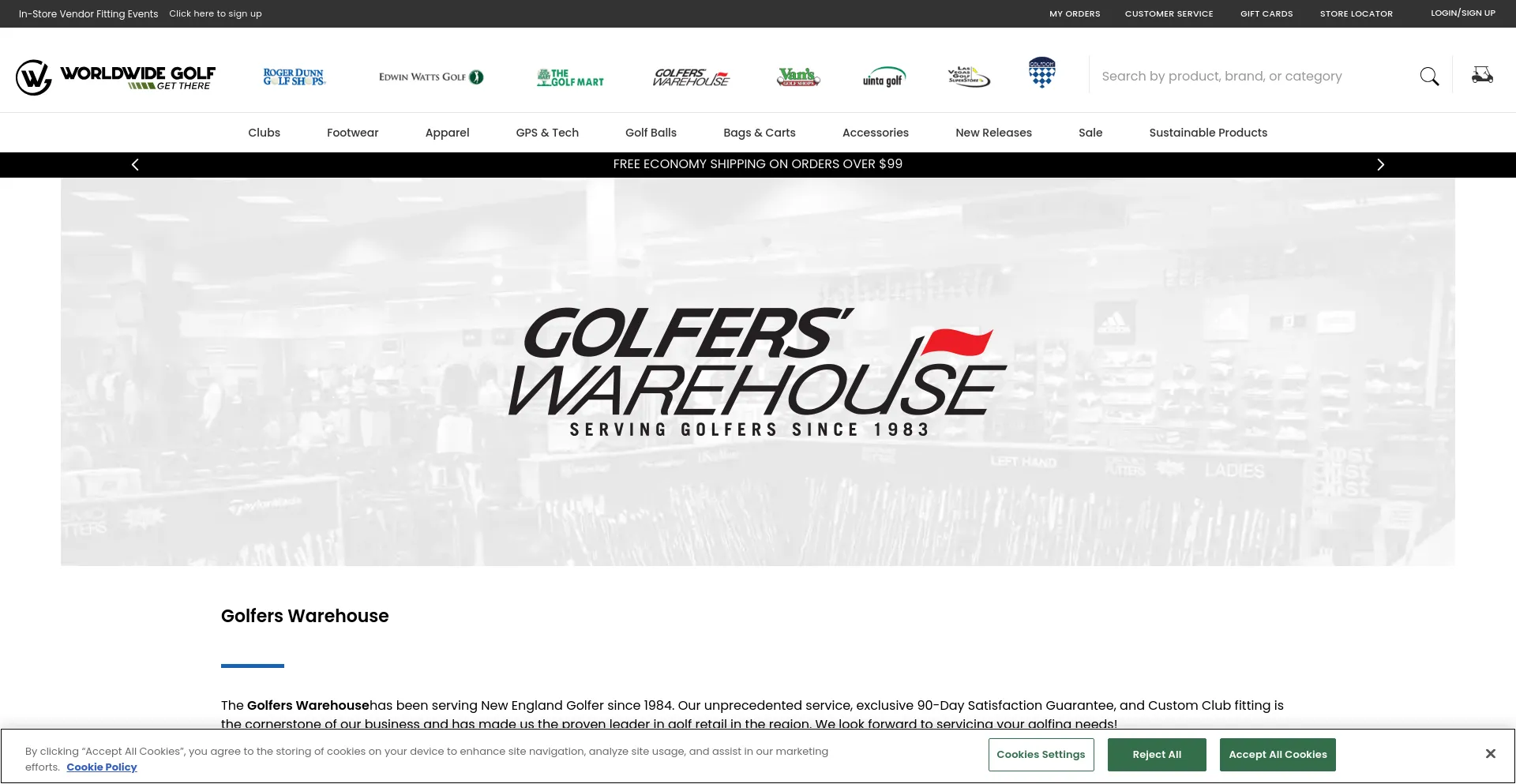 Screenshot of golferswarehouse.com homepage